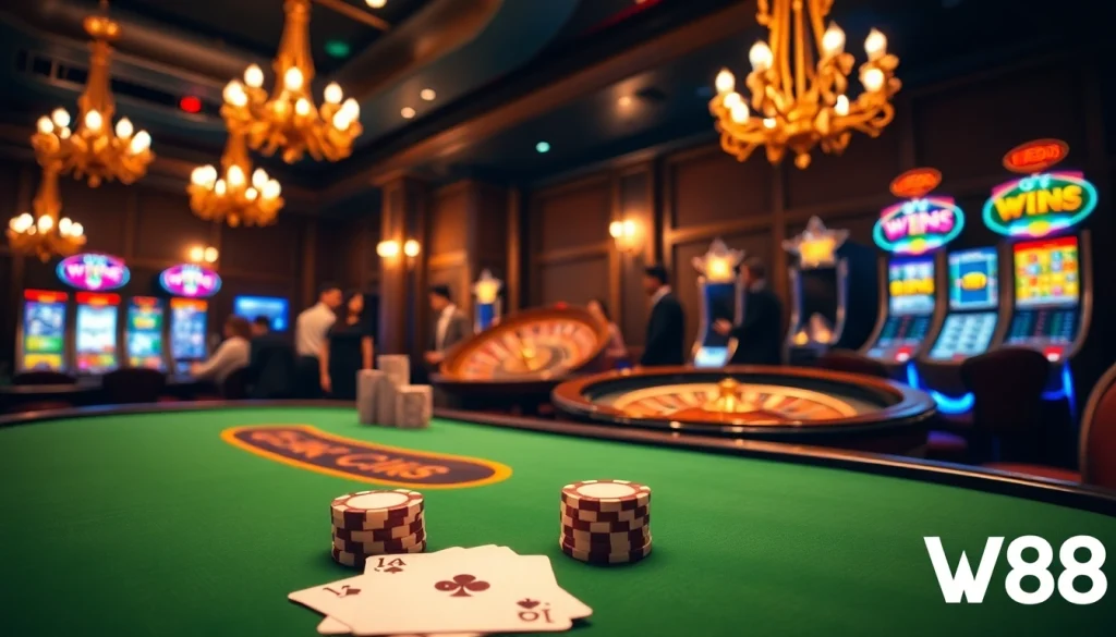 Exciting poker game at W88 casino with sparkling chips and warm lighting.