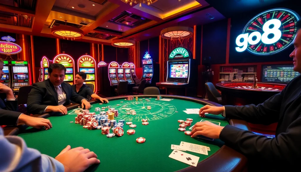 Players are engaging in intense poker at a go8 casino, showcasing luxurious tables and vibrant atmosphere.