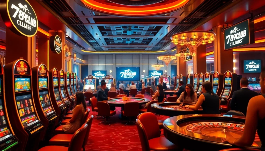 Action-packed gameplay at 789club casino featuring vibrant slot machines and engaged gamblers.