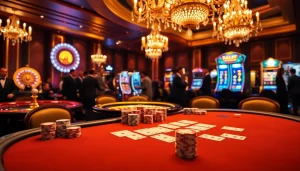 KJC.COM showcases a luxurious casino experience with poker chips and a dazzling roulette wheel.