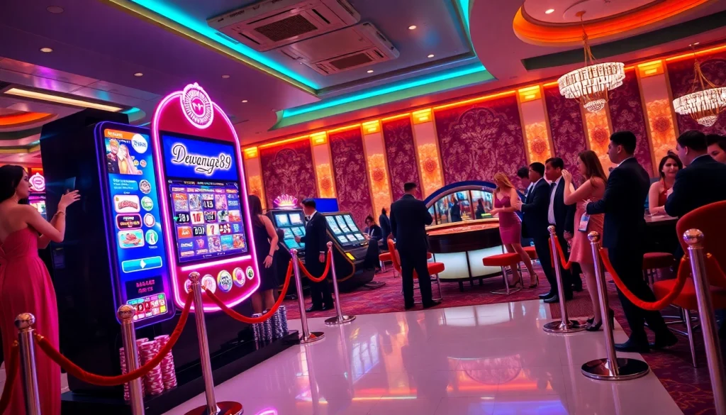 Dewanaga89 slot machine with bright lights and excited players enjoying their wins in a luxurious casino.