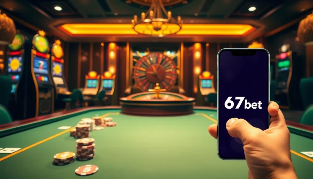 Experience the thrill of gambling with 67bet Download showcasing poker chips and vibrant slot machines.