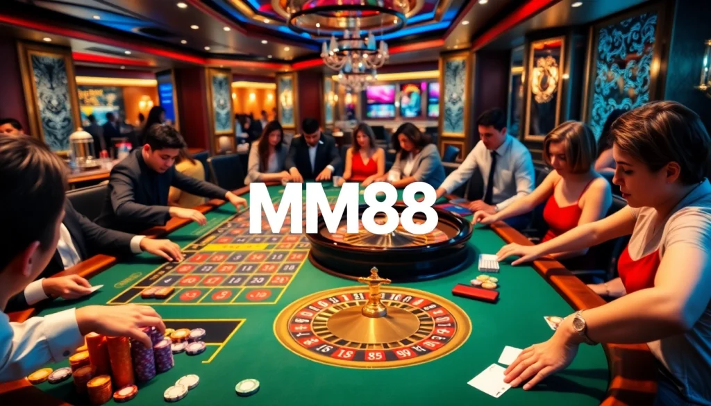 Players enjoying an exciting moment at MM88 casino table, full of colorful chips and cards.