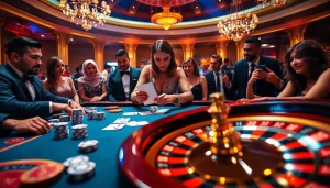 Engaging players enjoying a vibrant casino experience at GO8, surrounded by luxurious gaming elements.