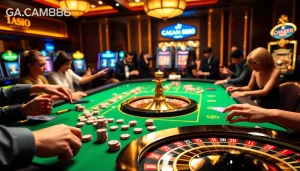 GACAM888 players enjoying an exciting casino game environment with vibrant poker chips and a roulette wheel.