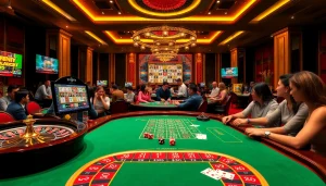 Pemain Dewanaga89 merayakan kemenangan di kasino mewah dengan mesin slot dan meja poker.