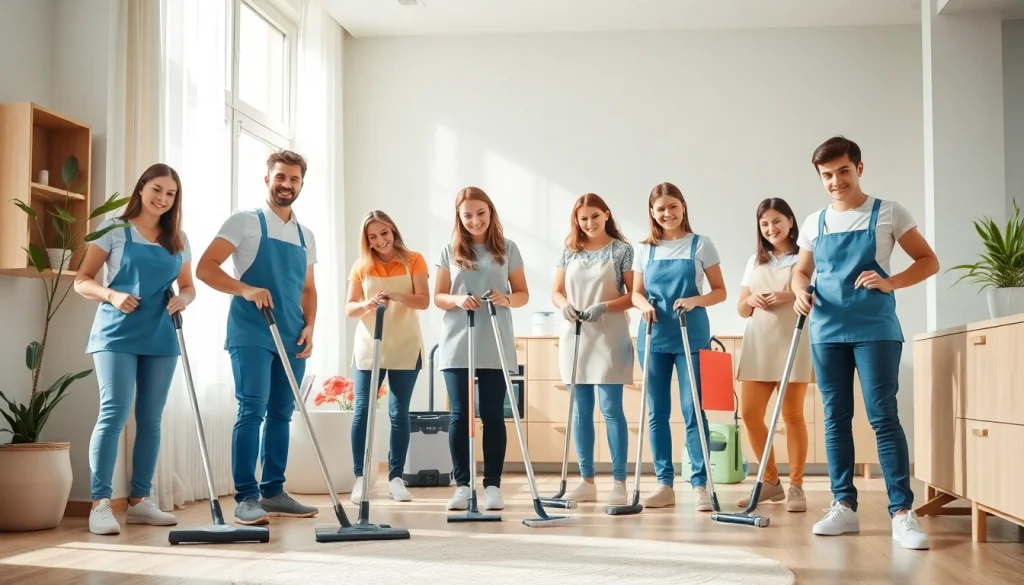Cleaning service team actively working in a bright home environment.