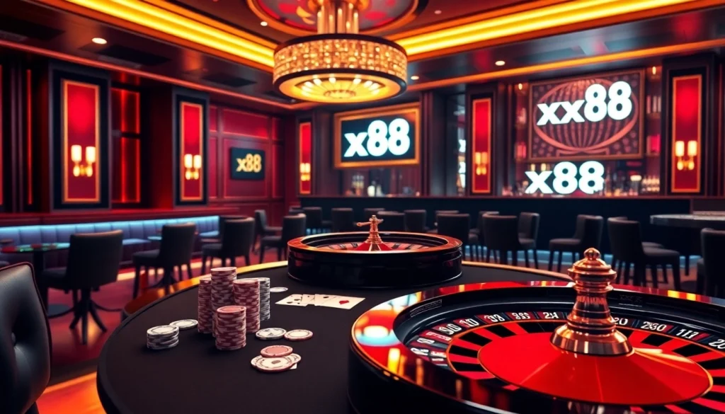 Experience the thrill of xx88 with lively casino action, featuring poker chips and roulette wheel.