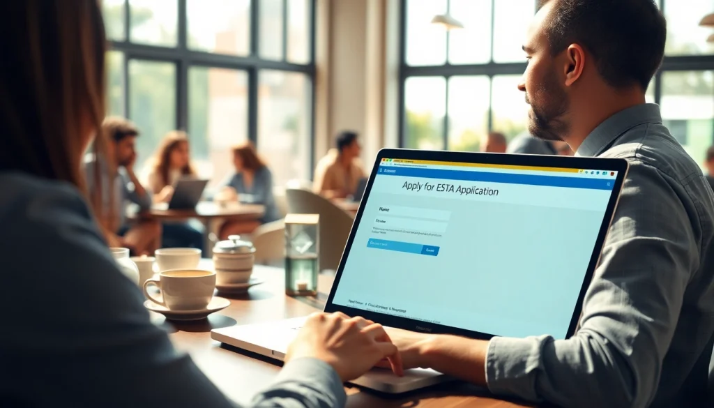 Engaging ESTA application process shown in a café with a traveler using a laptop.