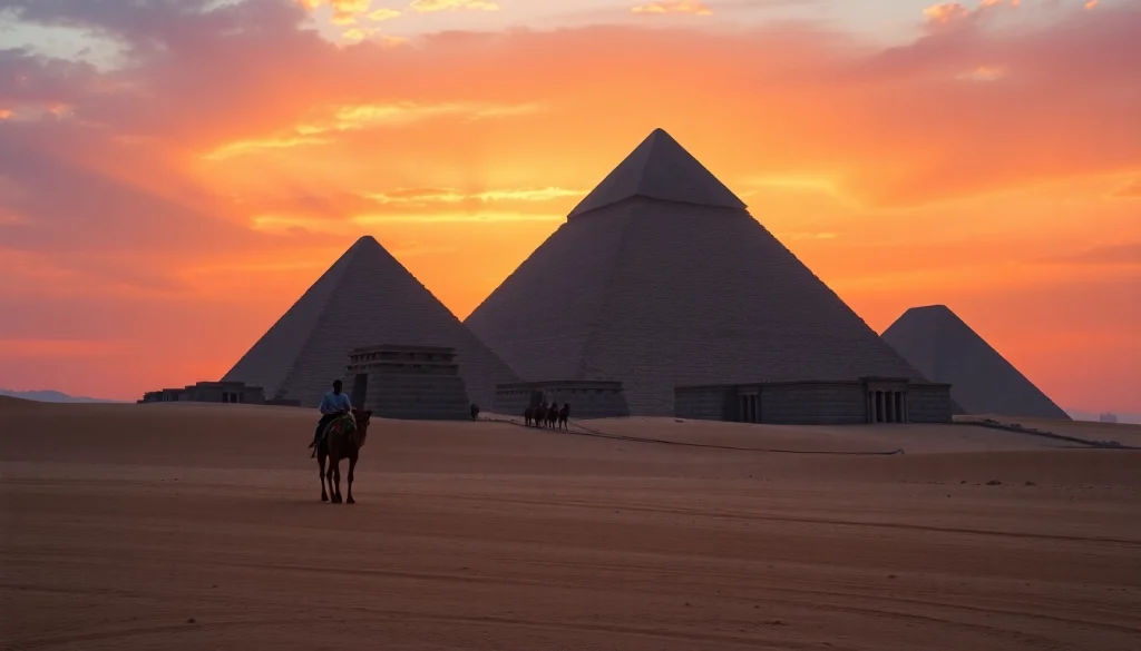 Experience the grandeur of the pyramids at https://emegypt.net with a vibrant sunset backdrop.