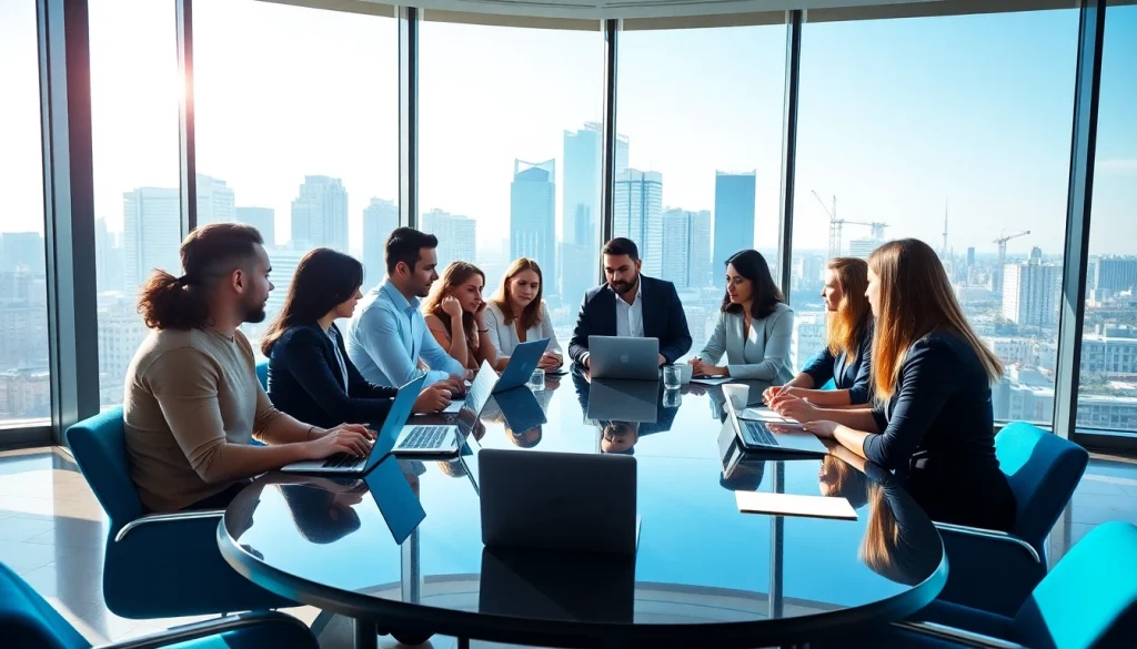 Business professionals collaborating in a modern office setting to boost productivity.