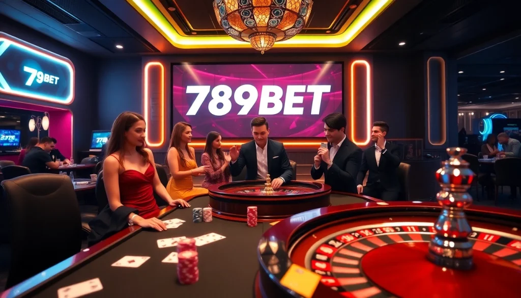 Experience thrilling gameplay at 789BET with vibrant poker chips and a roulette wheel.
