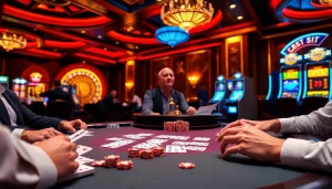 Players at a KJC poker table enjoying a high-stakes game with colorful chips and cards.