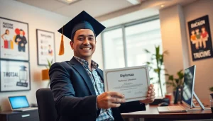 Diploma kopen: Celebrating achievement in a modern office environment with a diploma certificate.
