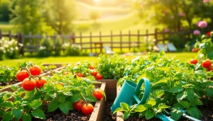 Gardening techniques illustrated in a vibrant vegetable garden with blooming plants and tools.