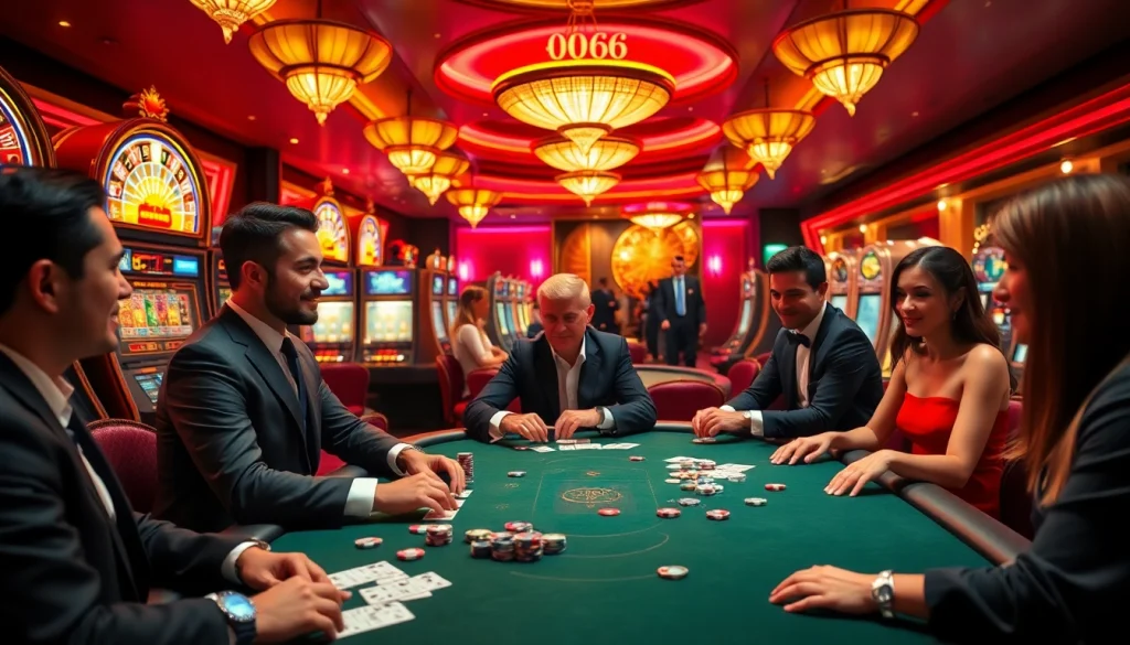 New66 casino scene showcasing players engaged in intense card games and slot machines for an exhilarating gambling experience.