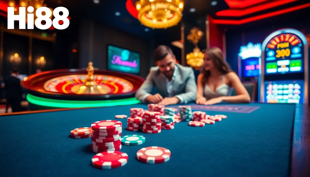 Exciting poker action at Hi88's online casino with vibrant chips and cards.