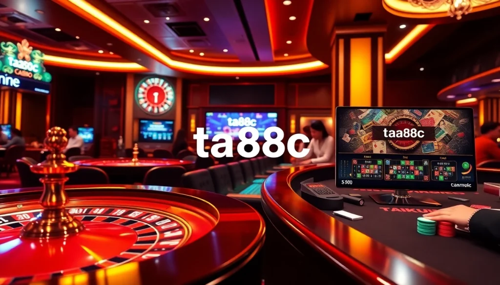 Players enjoying table games and online interface with ta88c branding at an upscale casino.