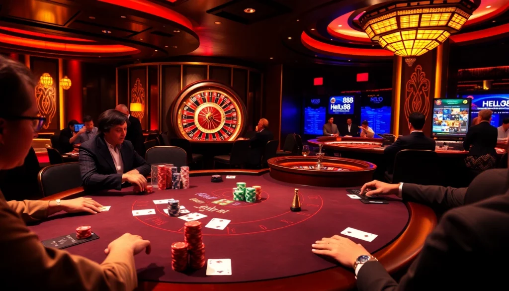 Hello88 casino experience featuring an exciting blackjack table with vibrant poker chips and cards in play.