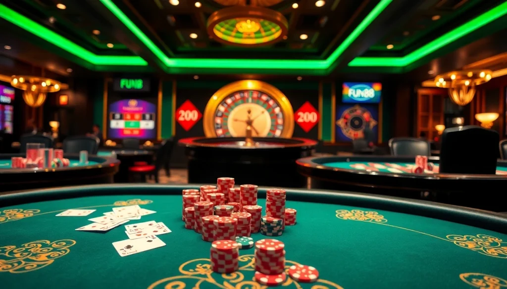 Engaging players at Fun88 roulette table with colorful chips and cards in a vibrant casino setting.
