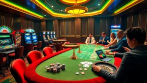 Experience excitement at Trang Chủ RR88 with poker tables, slot machines, and vibrant casino elements.