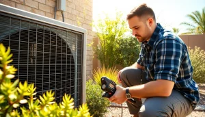 HVAC technician working on scottsdale ac unit in a sunlit backyard setting.