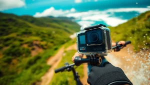 Action camera capturing thrilling moments of extreme sports like biking and surfing.