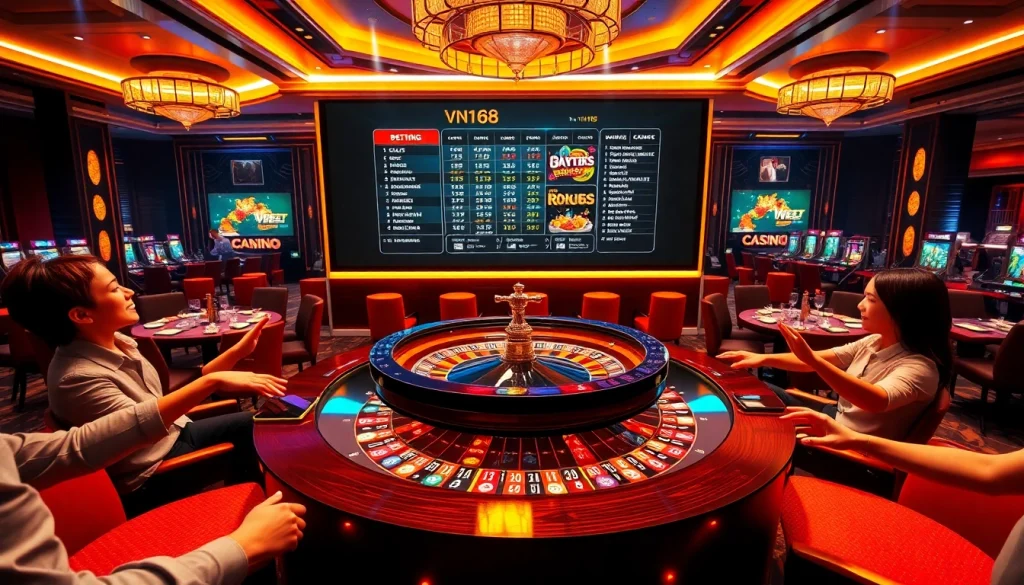 The vn168 casino scene showcases players enjoying thrilling games at a luxurious roulette table in a digital environment.