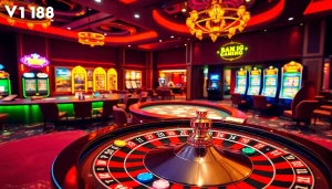Engaging gaming scene featuring vn168 online casino with roulette wheel, poker chips, and slot machines.