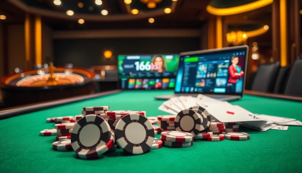 Experience luxury gaming at 166bet: poker chips and roulette wheel in a vibrant casino setting.