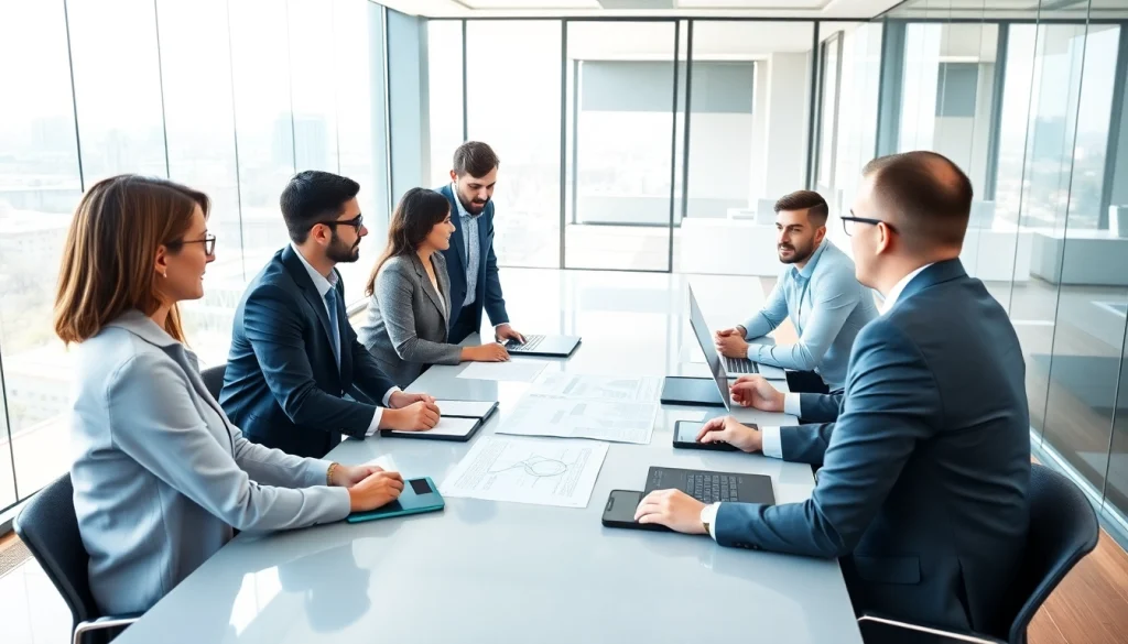 Business professionals collaborating in a modern office setting, signifying teamwork and innovation.