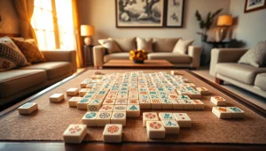 Mahjong game dengan ubin berwarna dan desain menarik dikelilingi suasana nyaman.