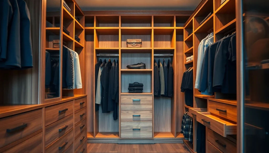 Closets with custom shelving solutions offering organized storage and stylish design.