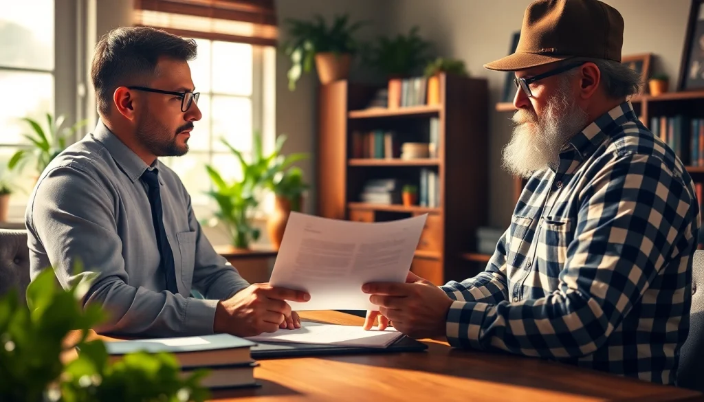 Understand agricultural law with a consultation between a lawyer and farmer in a welcoming office.