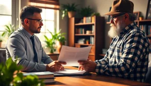 Understand agricultural law with a consultation between a lawyer and farmer in a welcoming office.