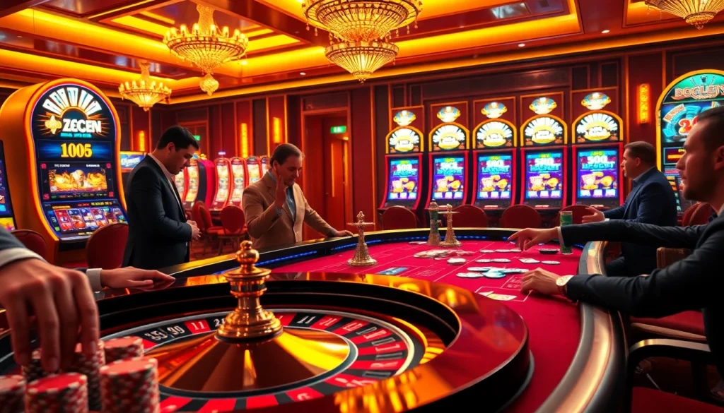 Experience the thrill of lc88 with a vibrant casino scene featuring roulette, poker chips, and engaging players.