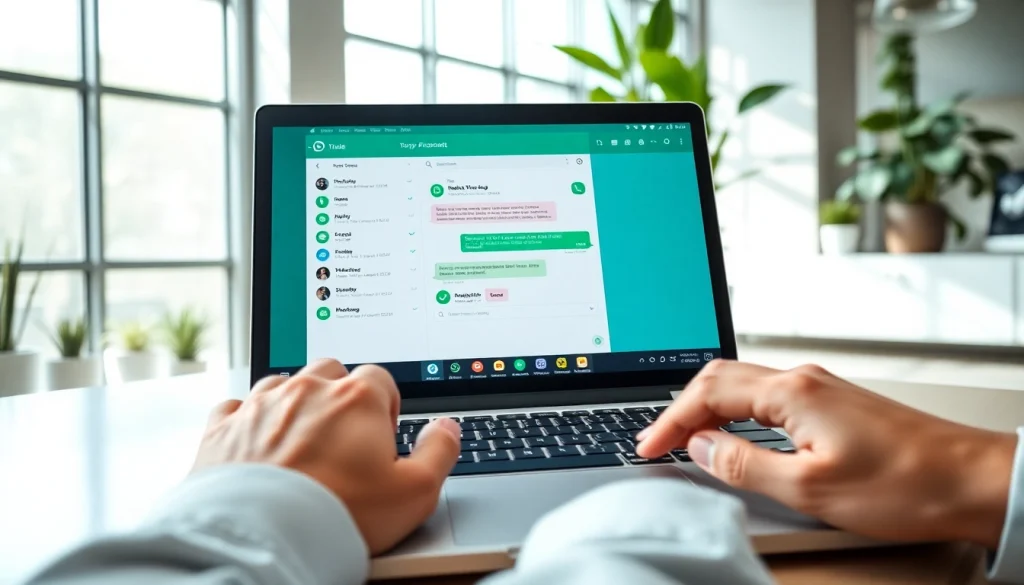 Interact with WhatsApp Business CRM at https://whatalker.com featuring a modern office setting.