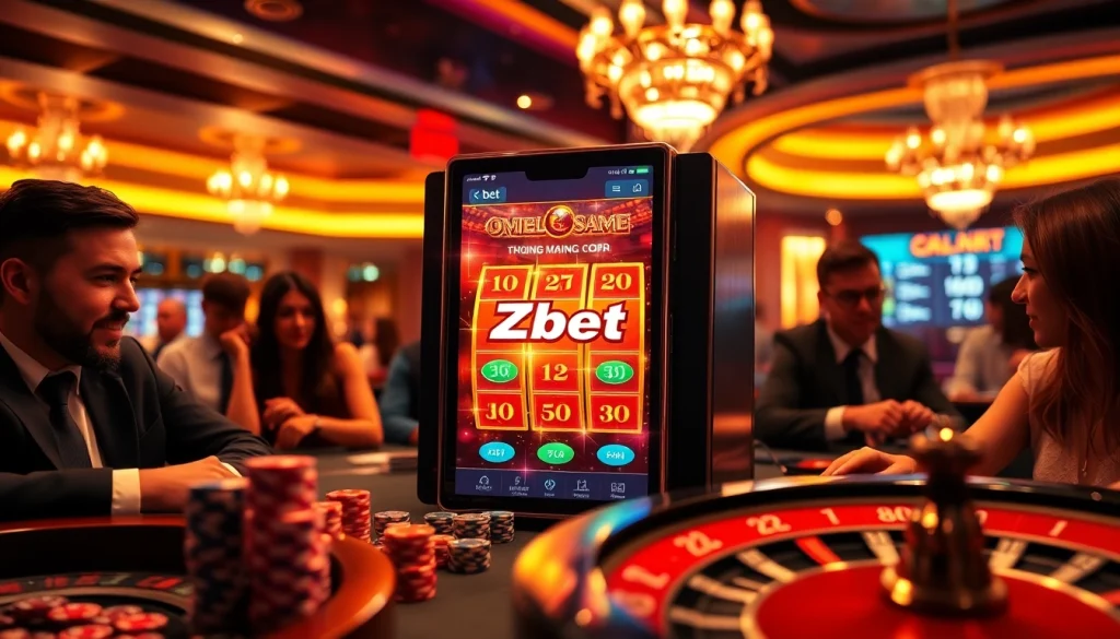 Engaging scene of players enjoying the Zbet app, featuring a vibrant slot machine with chips and roulette.