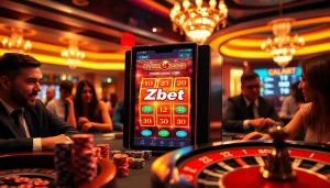 Engaging scene of players enjoying the Zbet app, featuring a vibrant slot machine with chips and roulette.