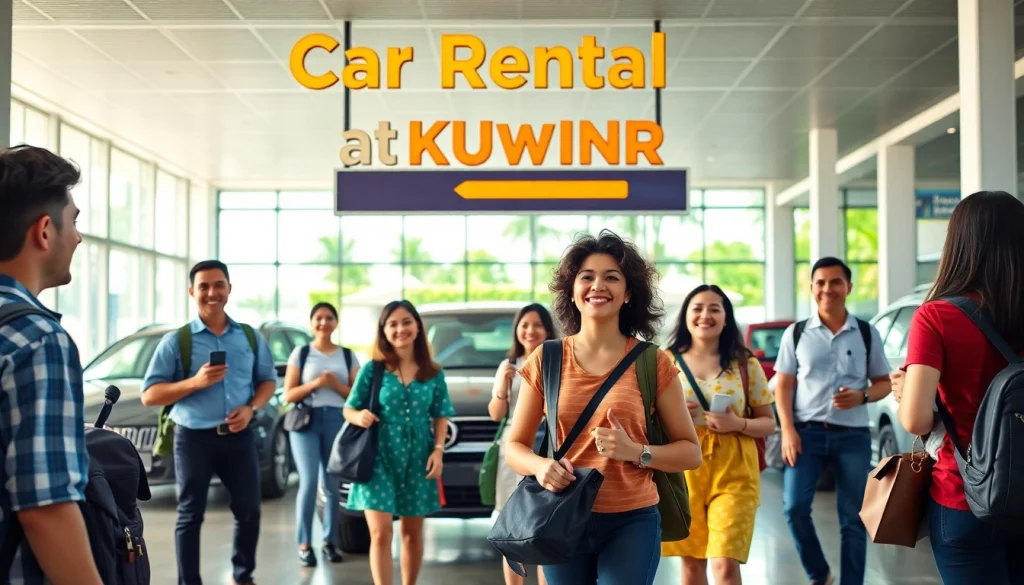 Car rental at Kuching with joyful travelers at the airport rental office.