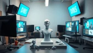 3D character model being created at https://www.cubifycreations.com with bright lighting in a modern studio setting.