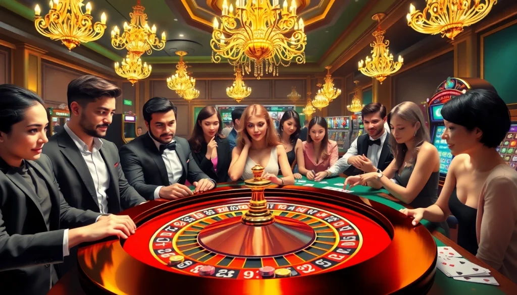 Players enjoying a thrilling game at LC88 casino with luxurious roulette and vibrant atmosphere.