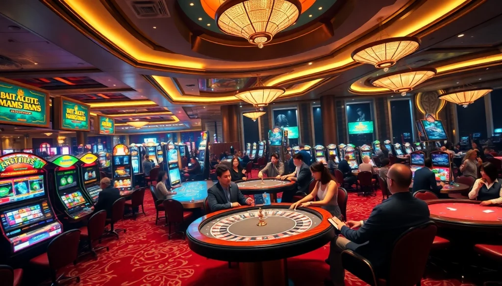Experience the excitement at 368BET with dynamic gaming floors filled with vibrant slot machines, roulette tables, and engaged players.