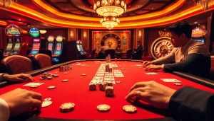 Engaging scene of players at Nhà cái 99WIN poker table with vibrant chips and cards.