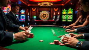 Players enjoy an intense game at an LC 88-themed poker table in a luxurious casino.