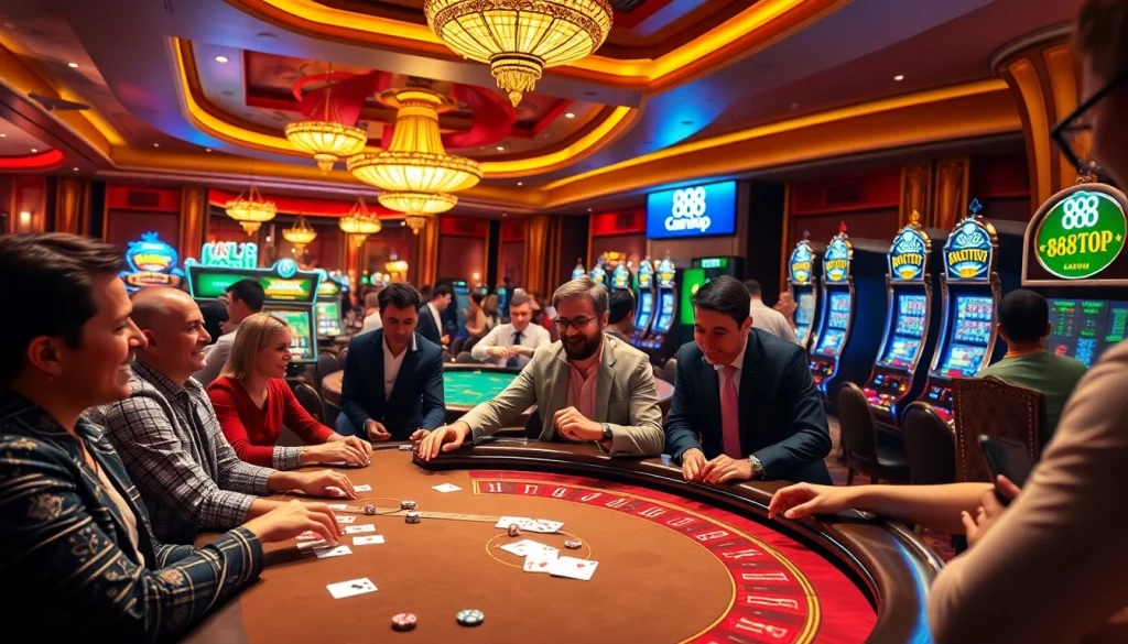 Players engaging in thrilling games at 888TOP's vibrant casino, enhancing excitement and luxury.