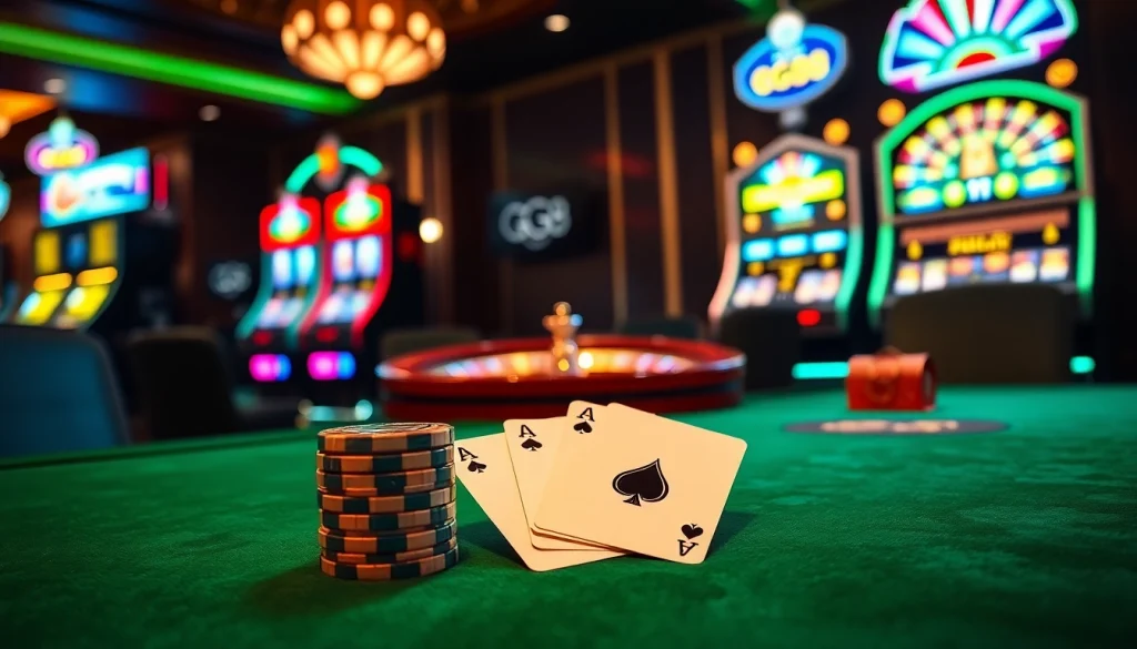 Experience the excitement at GG88 with a luxurious casino scene featuring poker chips and vibrant slot machines.