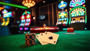 Experience the excitement at GG88 with a luxurious casino scene featuring poker chips and vibrant slot machines.