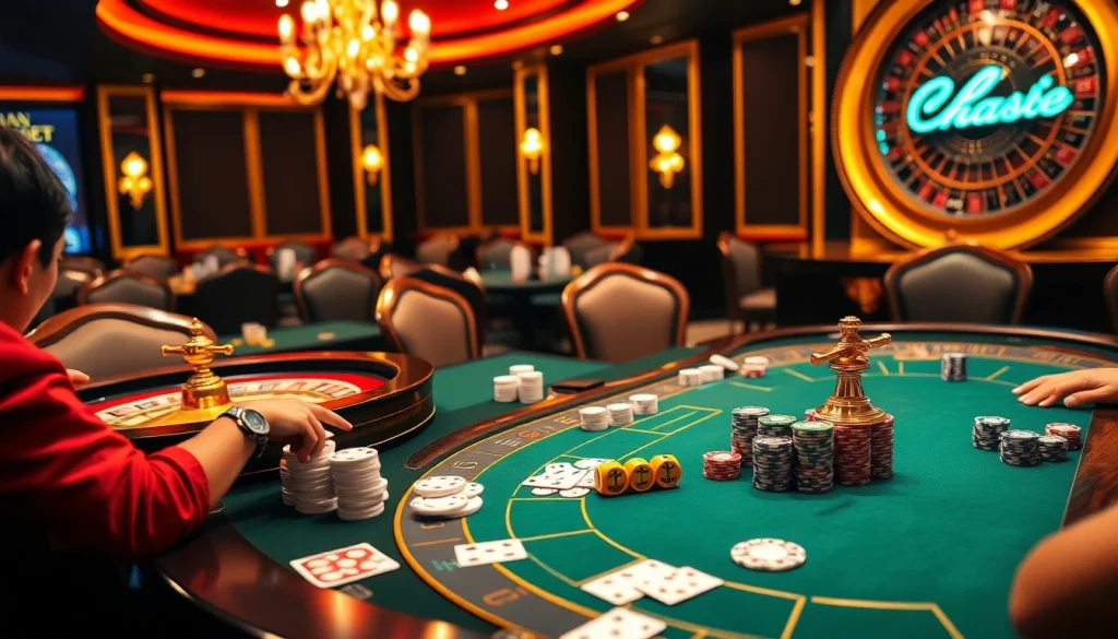 Engage in a thrilling Thabet casino experience with professional players at a vibrant poker table.