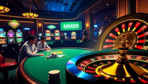 Experience the thrill of MM88 at a luxurious casino with poker games and vibrant slot machines.